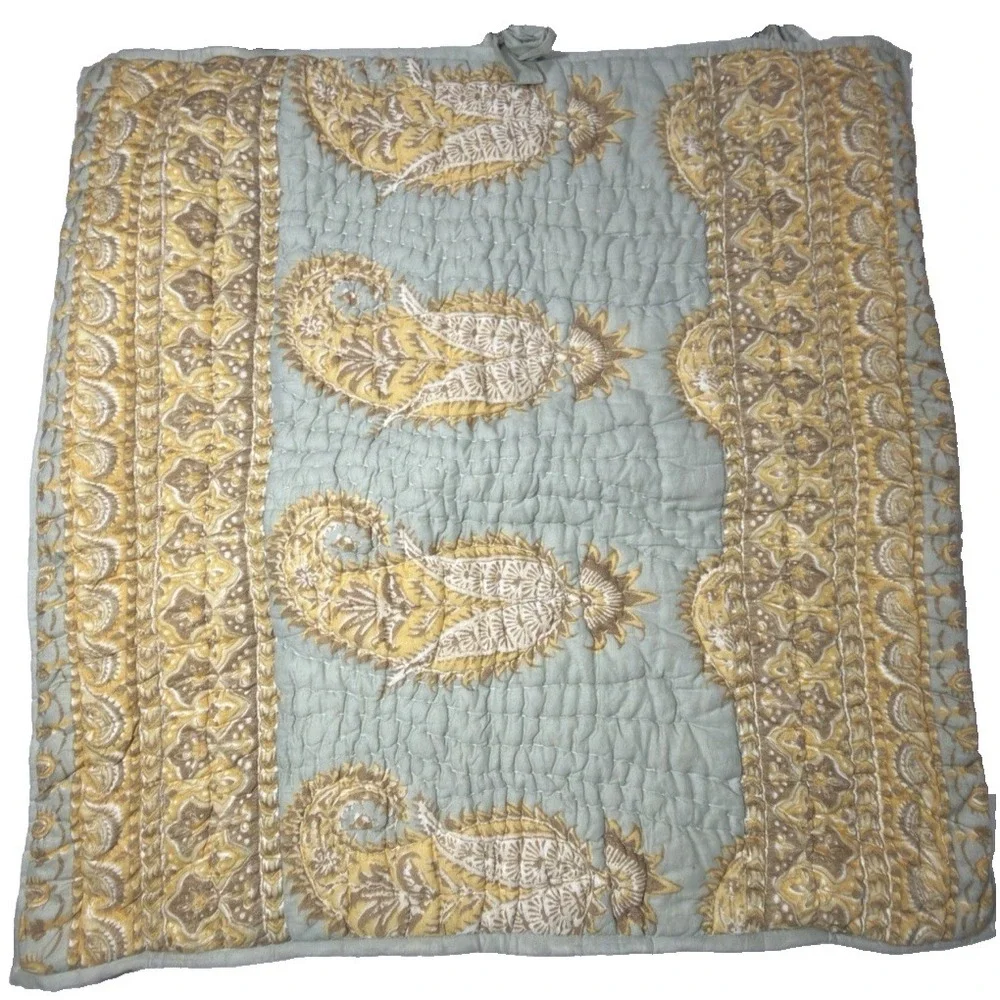Pottery Barn Sham Set Paisley Medallion EURO‎ Kantha Quilted Tie Closure Cotton